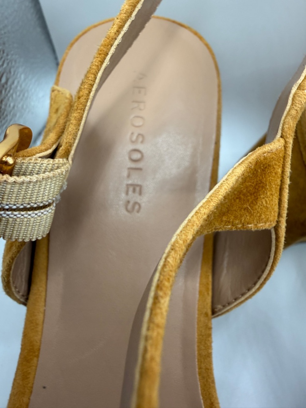 AEROSOLES Mustard Suede Crisscross Block Heel Sandals - Picture 2 of 4